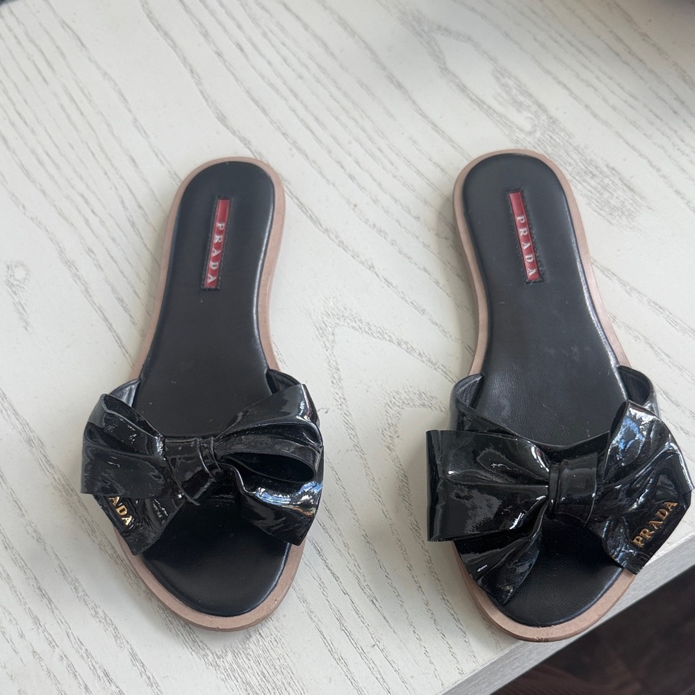 Prada Glossy Black Bow Sandals